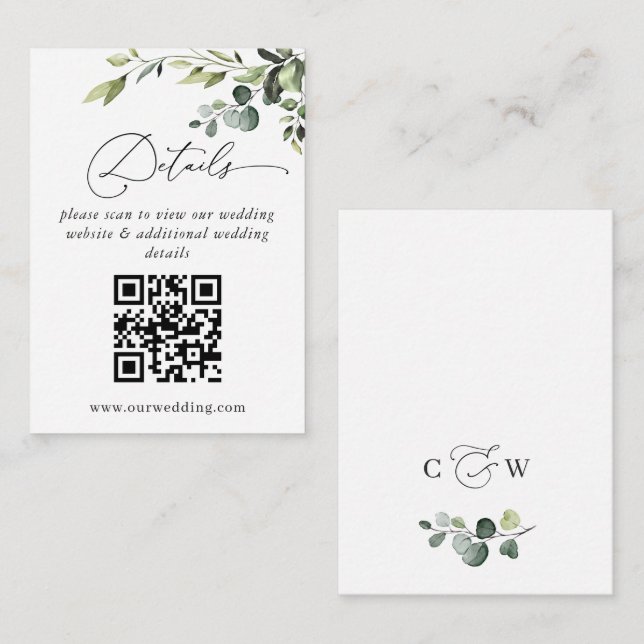 Einfach Elegant Eucalyptus Wedding QR Code Details Begleitkarte (Vorne/Hinten)