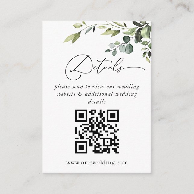 Einfach Elegant Eucalyptus Wedding QR Code Details Begleitkarte (Vorderseite)