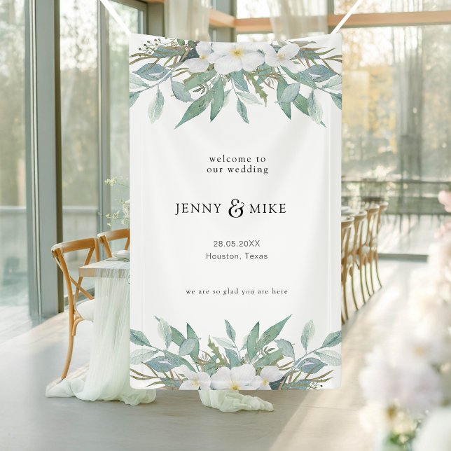 Einfach, elegant, Eukalyptus, Hochzeit Banner (Simple, elegant, eucalyptus, welcome wedding banner with your name and date.)