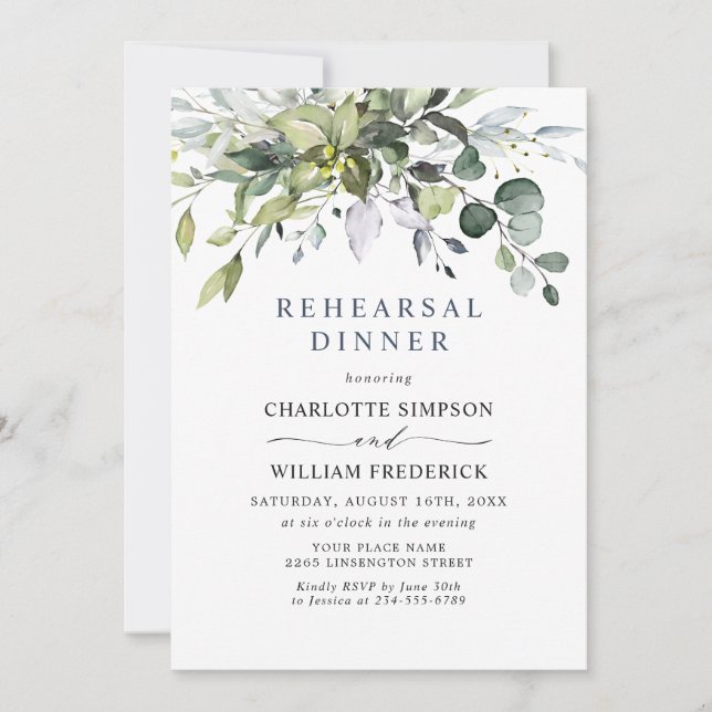 Einfach Elegant Eukalyptus PROBE DINNER Einladung (Vorderseite)