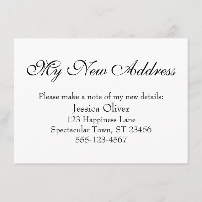 Einfach, elegant meine neue Adresse schwarz auf we Begleitkarte (Vorderseite)