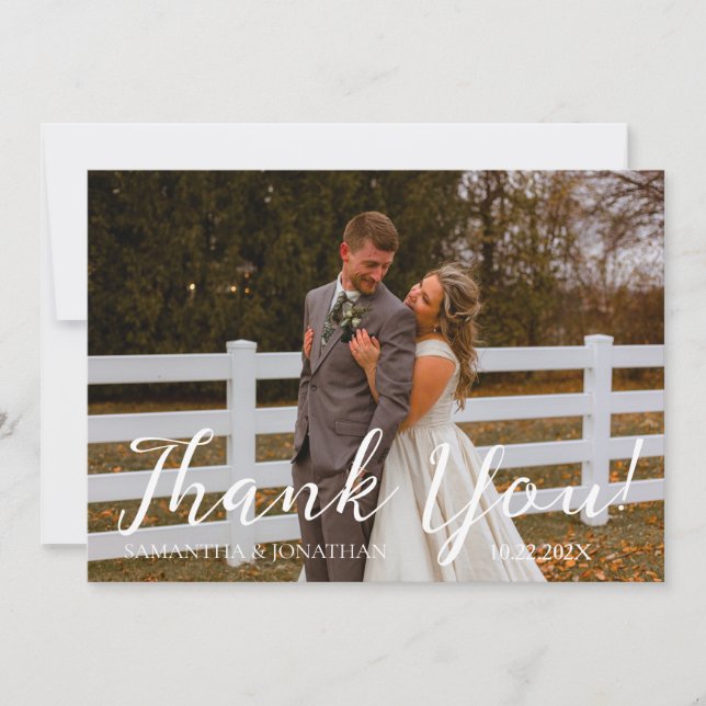 Einfach Elegant Modernes Skript 2 Fotos Hochzeit Dankeskarte (Vorderseite)
