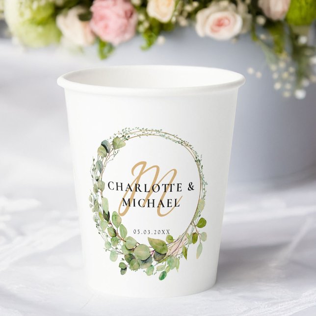 Einfach, elegant, monogramm Eukalyptus weddi Stick Pappbecher (Simple, elegant, monogram eucalyptus wedding paper cups with your names & date.)