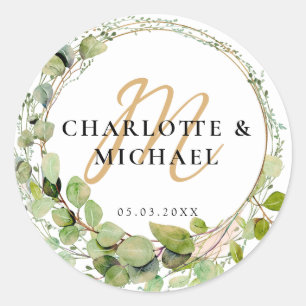 Einfach, elegant, monogramm Eukalyptus weddi Stick Runder Aufkleber