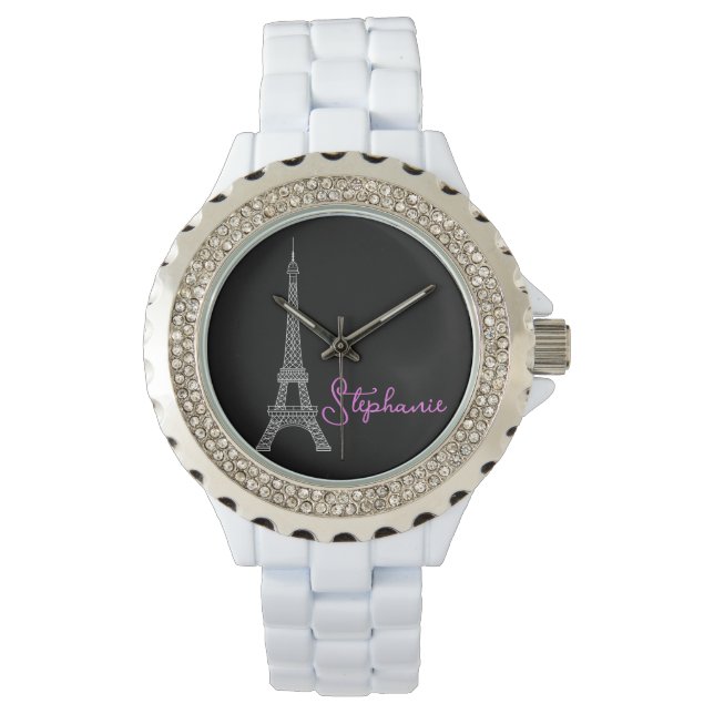 Einfach elegant Paris Eiffel Tower Black Pink Armbanduhr (Vorderseite)