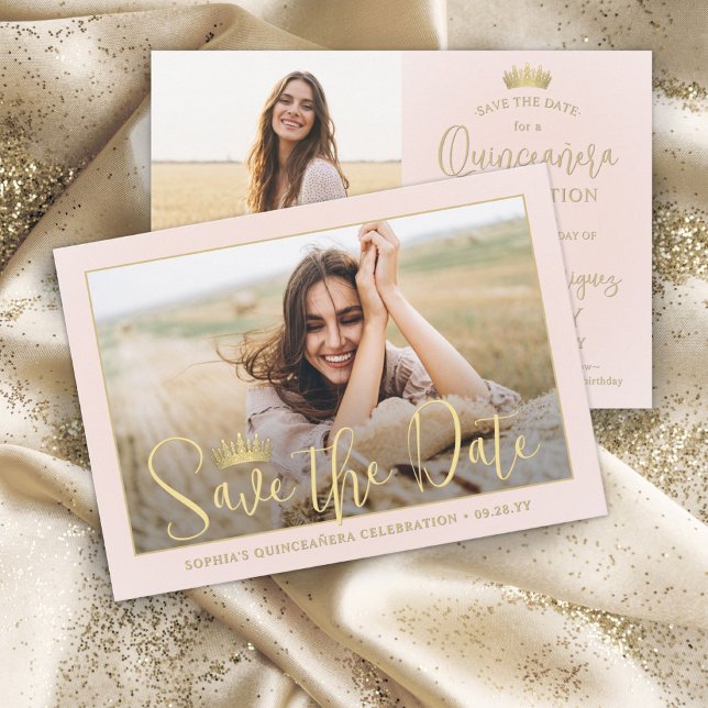 Einfach Elegant Quinceañera 2 Foto Blush und Gold Save The Date (Von Creator hochgeladen)