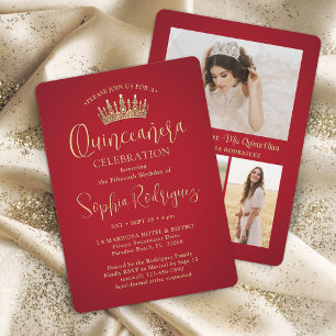 Einfach Elegant Quinceañera 3 Foto Rot und Gold Einladung