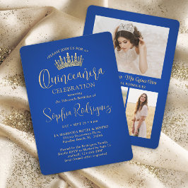 Einfach Elegant Quinceañera 3 Foto Royal Blue Gold Einladung