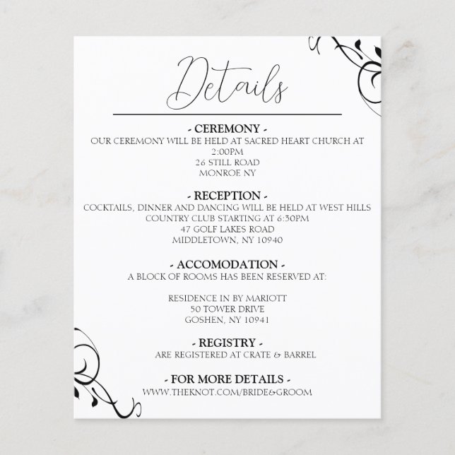 Einfach Elegant Wedding Details Card (Vorderseite)