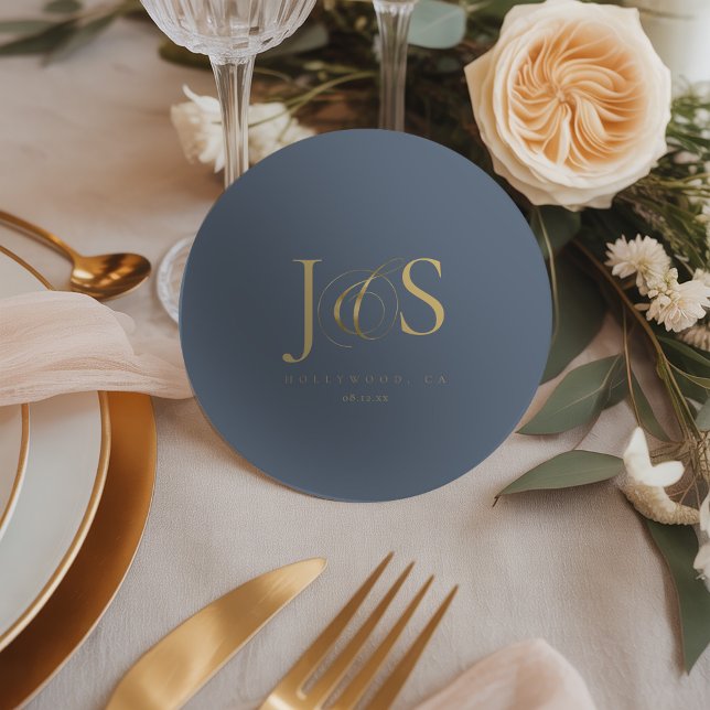 Einfach Elegant Wedding Initials Blue ID1022 Runder Pappuntersetzer (Von Creator hochgeladen)