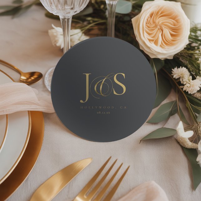Einfach Elegant Wedding Initials Charcoal ID1022 Runder Pappuntersetzer (Von Creator hochgeladen)