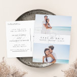 Einfach elegant zwei Fotos Save the Date Ankündigungspostkarte<br><div class="desc">Sagen Sie ja zu diesen schönen Save the Date Postkarten und verkünden Sie Ihren großen Tag mit Freunden und Familie im schicken Stil! Auf flachen Save the Date Postkarten befinden sich zwei Ihrer Lieblings-Verlobung-Fotos, die von einem weißen Banner mit "Save the Date" durchkreuzt werden, sowie Ihre Namen und Daten in...</div>