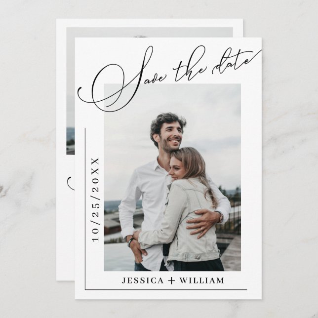 Einfach elegante Kalligrafie Hochzeit 2 Foto Save The Date (Vorne/Hinten)