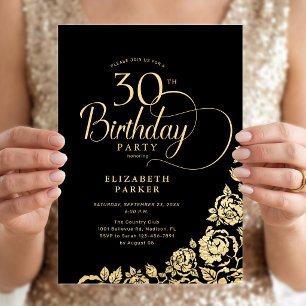 Einfach elegante schwarze goldene Rosen zum 30. Ge Einladung