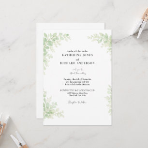 Einfach Elegante Weiße Hochzeit mit Laub Einladung