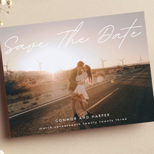 Einfach eleganter Foto Weißer Text Save the Date Ankündigungspostkarte (Von Creator hochgeladen)