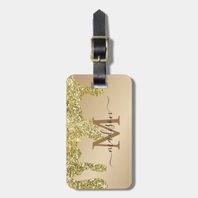 Einfach Eleganter Luxus Gold Glitzer Mit Monogramm Gepäckanhänger (Vorderseite vertikal)