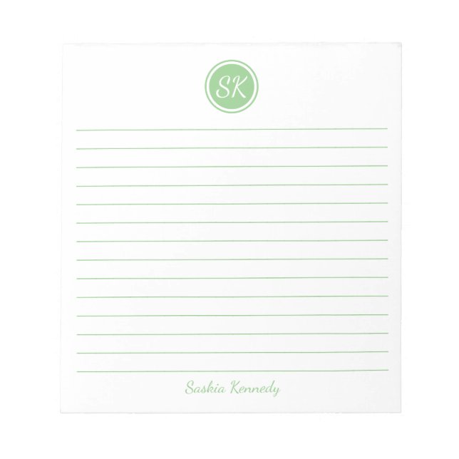 Einfach eleganter Sage Green Lined Monogram Name Notizblock (Vorderseite)