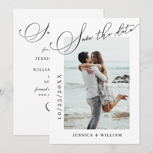 Einfach elegantes Calligraphy Wedding Foto Save The Date (Vorne/Hinten)