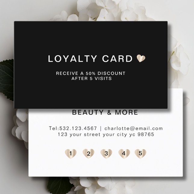 Einfach Elegantes Herz 5 Besuch Treuekarte (Personalized, Simple Elegant Heart 5 Visit Loyalty Card, Black + Gold.)