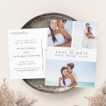 Einfach elegantes Multi-Foto Save the Date Ankündigungspostkarte<br><div class="desc">Sagen Sie ja zu diesen schönen Save the Date Postkarten und verkünden Sie Ihren großen Tag mit Freunden und Familie im schicken Stil! Auf flachen Save the Date Postkarten finden Sie drei Ihrer Lieblings-Verlobung-Fotos - zwei oben und eins unten - mit "Save the Date" und Ihren Namen und Ihrem Datum...</div>