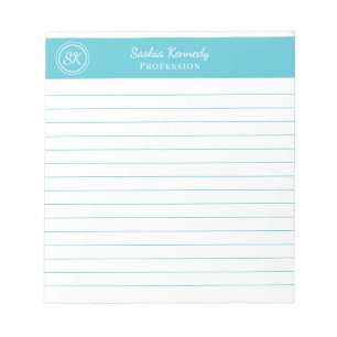 Einfach elegantes Ocean Blue Lined Monogram Notizblock