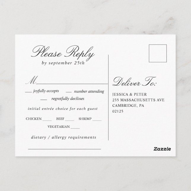 Einfach elegantes Schwarz-Weiß-Hochzeit-RSVP Postkarte (Rückseite)