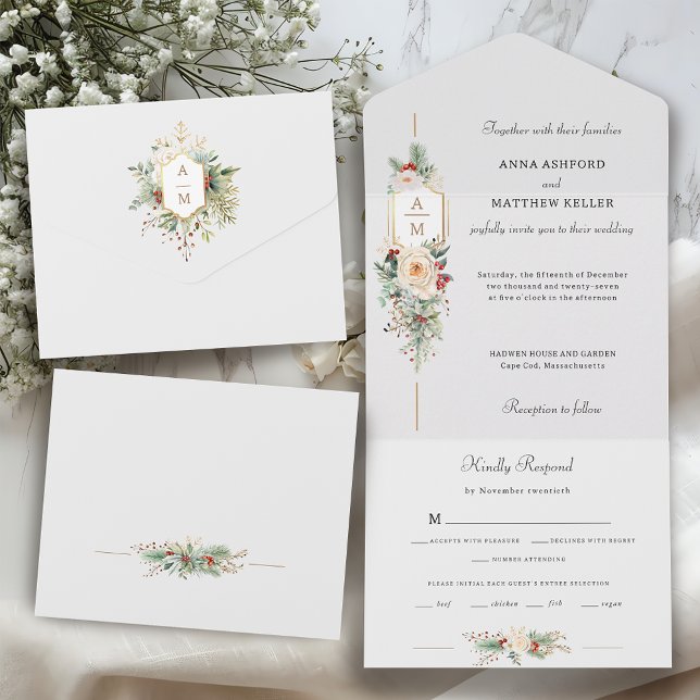 Einfach elegantes Weihnachtsblumenmonogramm All In One Einladung (Von Creator hochgeladen)