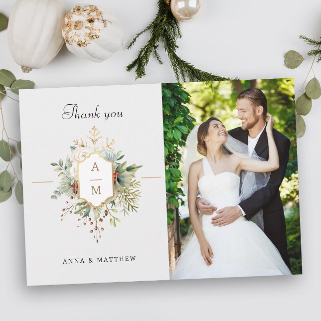 Einfach elegantes Weihnachtsblumenmonogramm Dankeskarte (Von Creator hochgeladen)