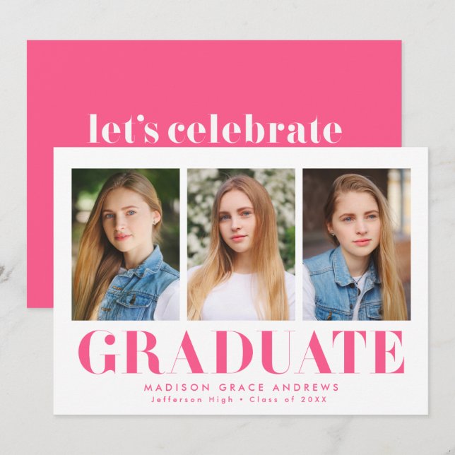 Einfach Fett-Hot-Pink-3-Foto-Graduierungsparty Einladung (Vorne/Hinten)