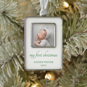 Einfach grünes Minimalistisches Foto Baby's First Rahmen-Ornament Silber