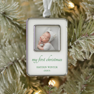 Einfach grünes Minimalistisches Foto Baby's First Rahmen-Ornament Silber