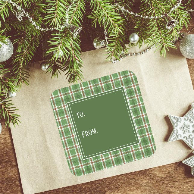 Einfach grünes Niedliches Kariertes Minimalistisch Quadratischer Aufkleber (Christmas holiday square sticker with green and red plaid pattern. )