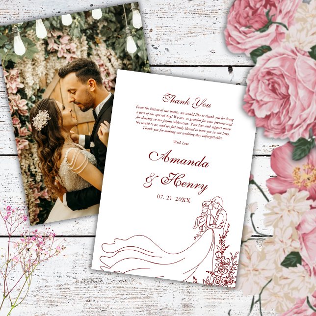 Einfach handgezeichnetes Foto Burgundy Wedding Dankeskarte (Von Creator hochgeladen)