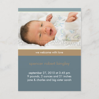 Einfach Ihr Blue/Tan ・ Baby-Ankündigung Ankündigungspostkarte