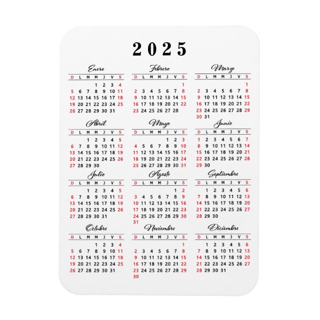 Einfach Kalender 2025 in Spanisch Weiß Schwarz Rot Magnet (Vertikal)