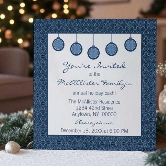 Einfach klassische Damask Ornaments Weihnachten Bl Einladung (Blue Simply Classic Damask Ornaments Christmas Party Invitation)
