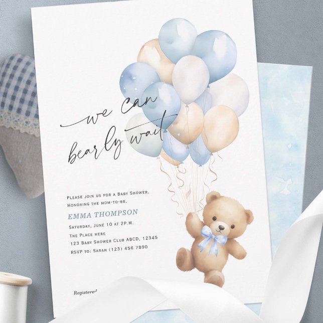 Einfach können wir frühzeitig auf Blue Baby Boy Du Einladung (Blue We Can Bearly Wait, Cute Teddy Bear Baby Boy Shower Invitation.)