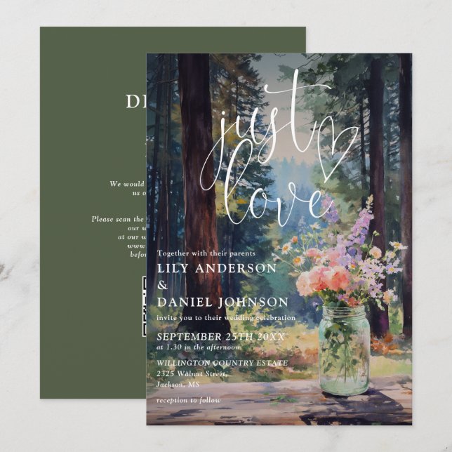 Einfach Liebe Wald Blumen Mason Jar QR Code Hochze Einladung (Vorne/Hinten)