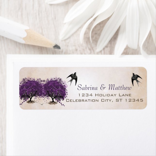Einfach Lila Heart Leaf Tree Wedding Label (Insitu)
