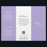 Einfach Lila Lavendel zeitgenössischer QR-Code Mod Flyer<br><div class="desc">Moderner und beruflicher lila / lavender Trifold Broschüre Flyer mit einem einfachen und minimalen Design mit Ihrem Namen in einem eleganten Drehbuch und zeitgenössischen Sans Serif Schriftart. Die Vorlage enthält mehrere geteilte Bereiche für Ihre Dienste in einem minimalistischen Layout. Der Rücken hat Ihre Kontaktdaten und optionalen QR-Code. Wenn Sie es...</div>