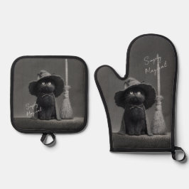 Einfach magische Hexenkatze Ofenhandschuh & Topflappen-Set