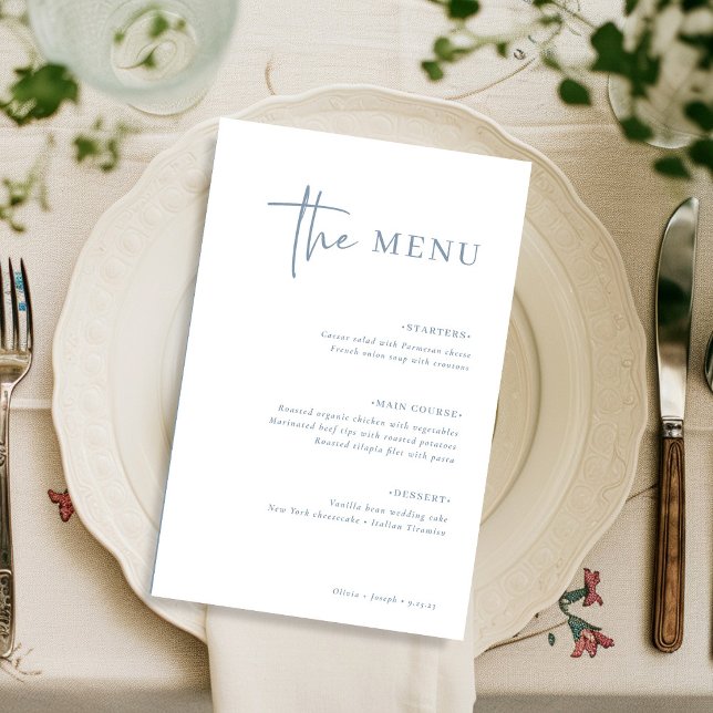 Einfach modern Minimalistisch | Dusty Blue Wedding (A modern and minimalist dusty blue and white wedding menu)