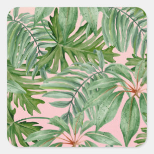 Einfach Modern Rosa Palmwedel Tropisches Florales Quadratischer Aufkleber