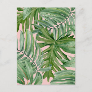 Einfach Moderne Rosa Palmwedel Tropische Blüten Postkarte