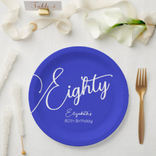 Einfach moderne Script Royal Blue 80. Geburtstag Pappteller
