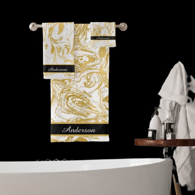 Einfach Monogram Gold Weiß Marmor schwarz marbeln Badhandtuch Set (Von Creator hochgeladen)