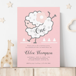 Einfach Niedlich Jumping Weißes Lamm 1. Geburtstag Einladung