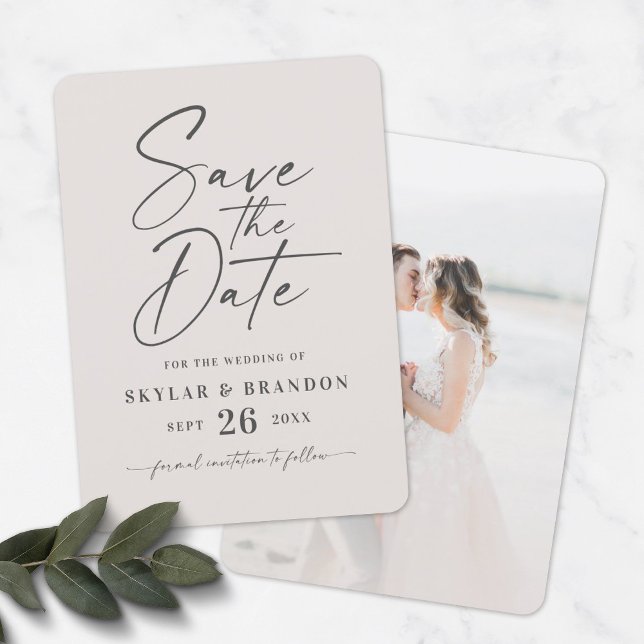Einfach Off-White mit Script und Foto Hochzeit Save The Date (Von Creator hochgeladen)