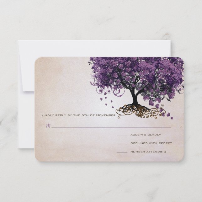 Einfach Peachy Lila Heart Leaf Tree Wedding RSVP Karte (Vorderseite)